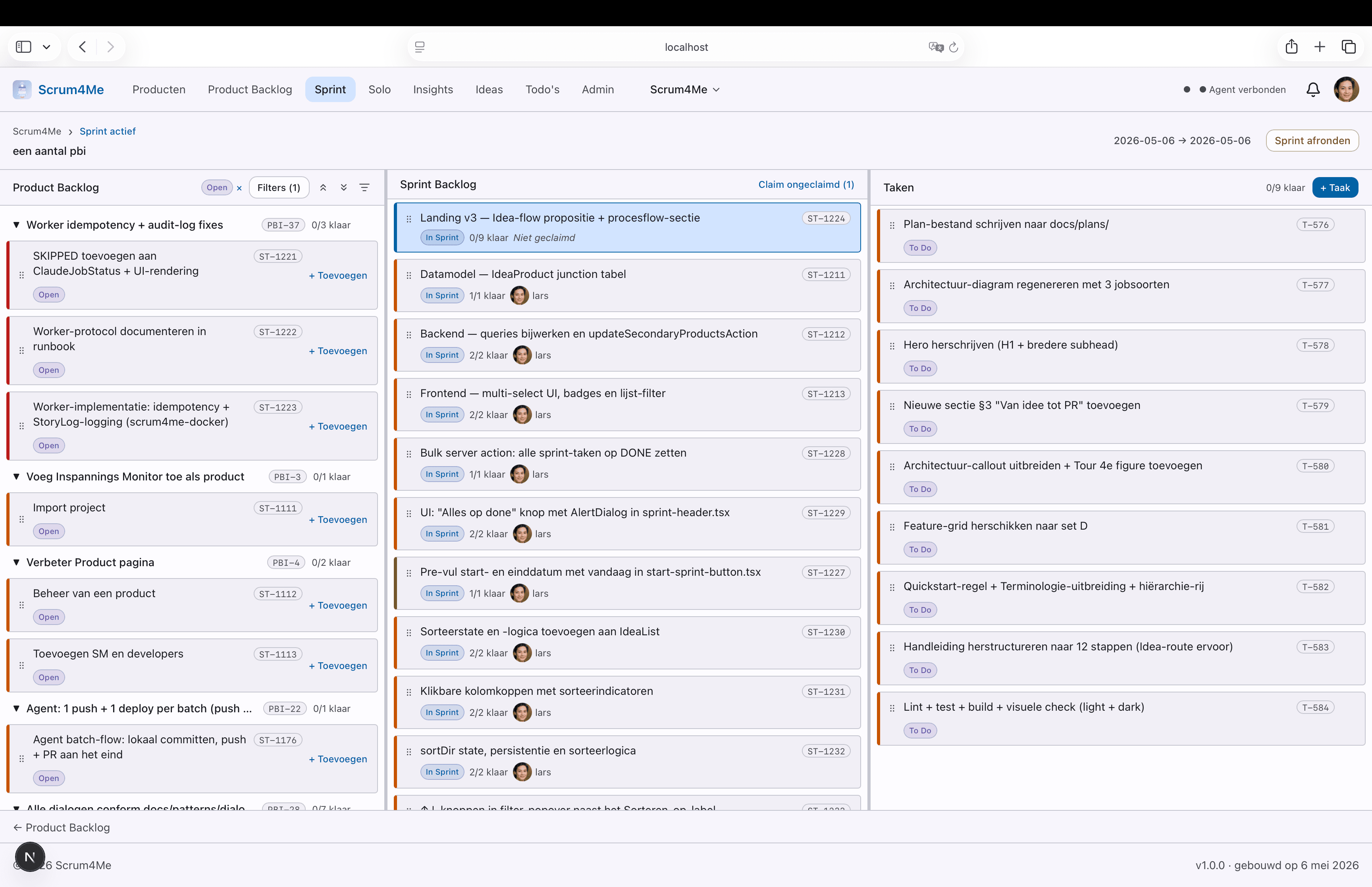 Sprint Board met drie panelen: Product Backlog, Sprint Backlog en Taken